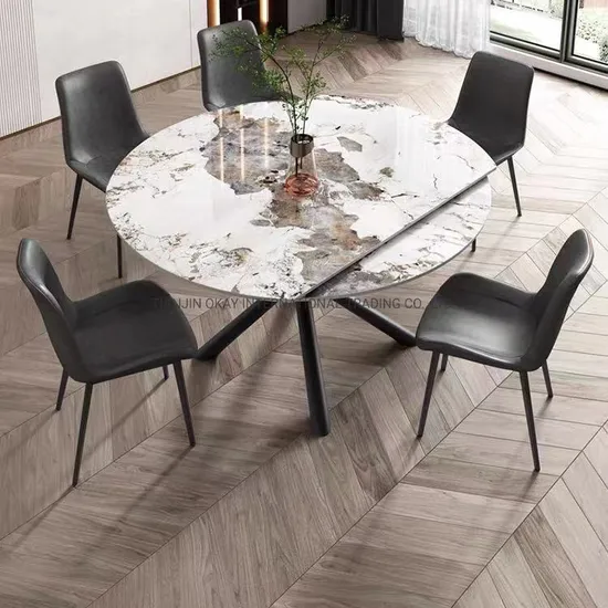 Okay Furniture New Design Nordic Style Space Saving Sintered Stone Black Extension Square Round Dining Table 