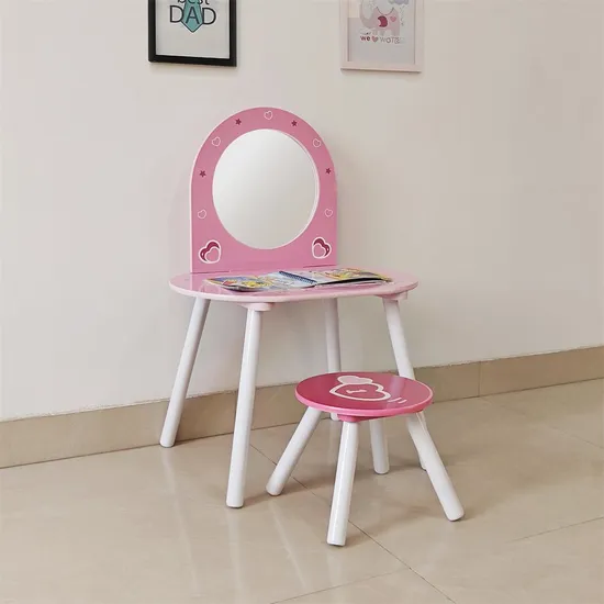 Kids Wooden Dresser Table and Stool Set Dressing Table Stool Girly Children Table Stool Kids Dressing Table Stool Set Make up Table and Stool Kids Furniture 