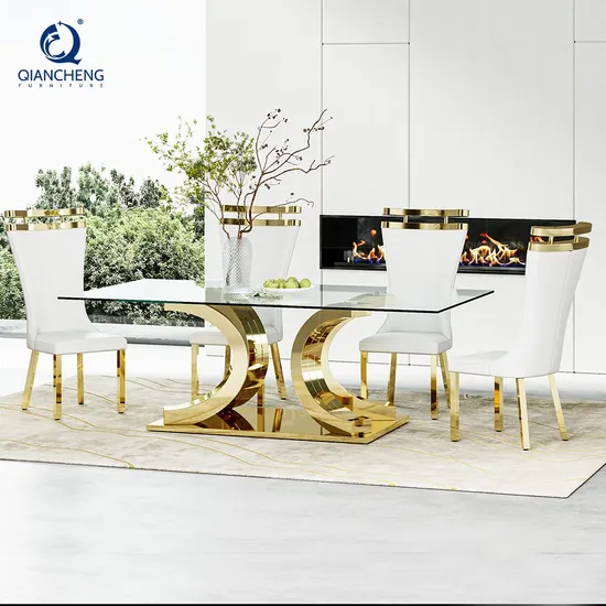 Factory Modern Home Furniture Luxury Stainless Steel Tempered Glass Dining Table Set 